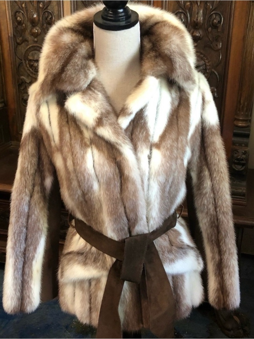 Luxury Brown and Cream Mink Fur Belted Coat